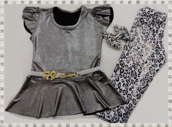 Conjunto Peplum cirrê blusa prata escura e leg vaquinha branca  Tam. PP