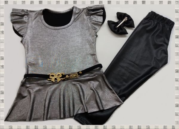 Conjunto Peplum cirrê blusa prata escura e leg Cirrê preta Tam.PP